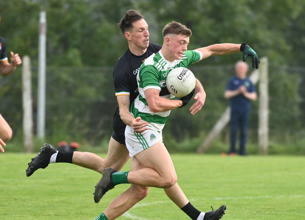 Valley Rovers' Jacob O'Driscoll is tackled by Carbery Rangers' Brian Hodnett. Picture: Eddie O'Hare