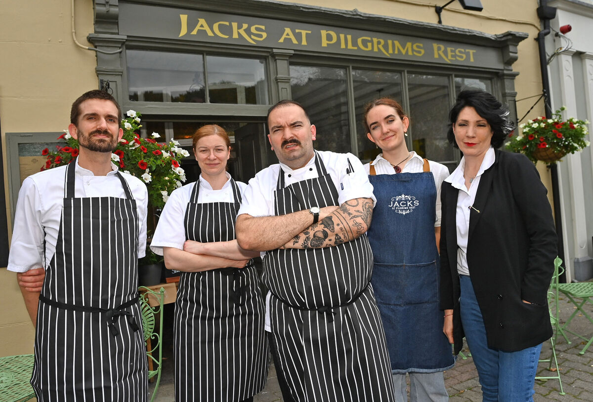 Chef Jack Bell (centre) with staff from left, Ben Drury, trainee chef; Anna Mironova, Helena Wrenne and Heike Murphy, restaurant manager at Jack's at Pilgrims restaurant in Rosscarbery. Picture; Eddie O'Hare Chef Jack Bell (centre) with staff from left, Ben Drury, trainee chef; Anna Mironova, Helena Wrenne and Heike Murphy, restaurant manager at Jack's at Pilgrims restaurant in Rosscarbery. Picture; Eddie O'Hare