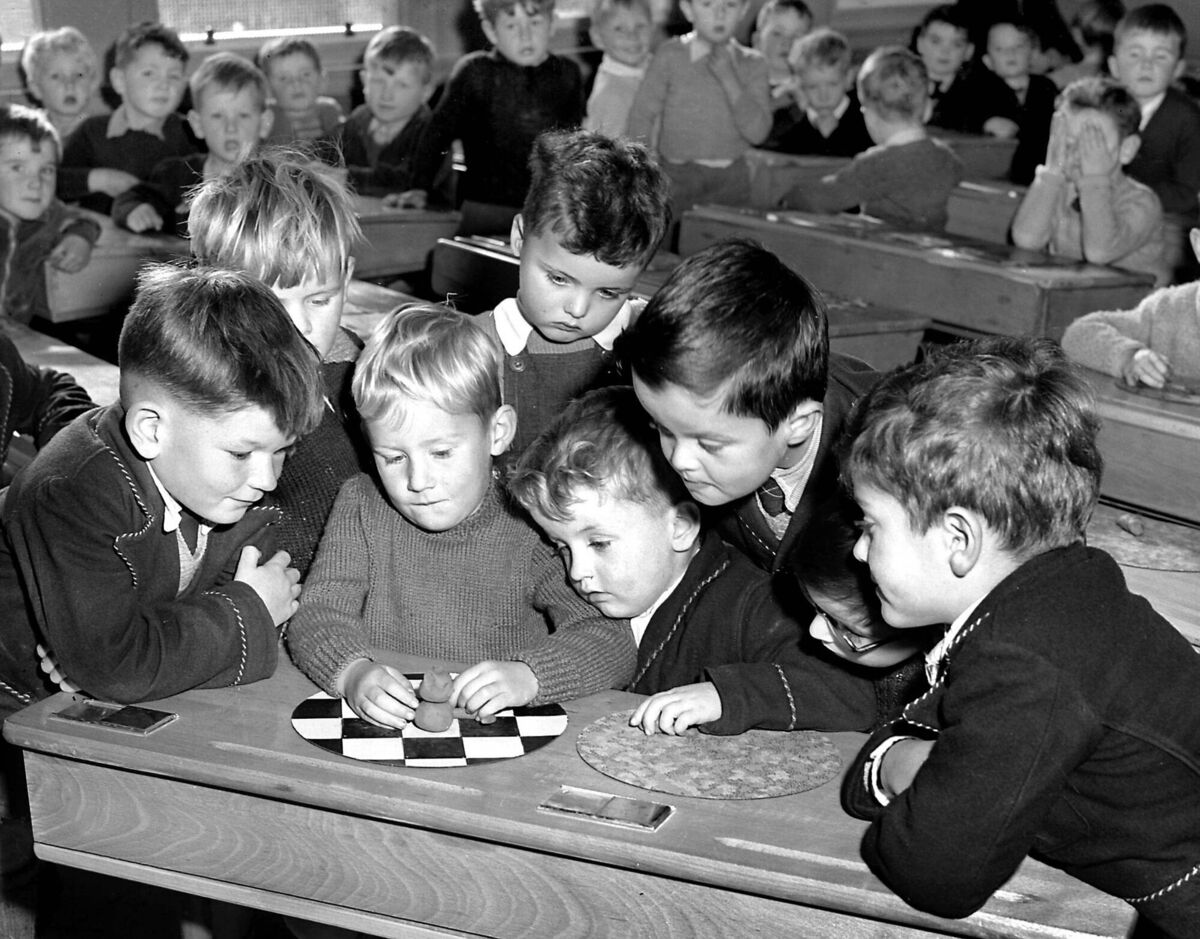 Frankie Coughlan gives pointers on making a plasticine model to his friends Colm Layton, Charlie Murphy, Jeremiah Coakley, Oliver Glanville, Gerard Moylan, Denis Healy and Edmond O’Mahony at Glasheen School in 1955.