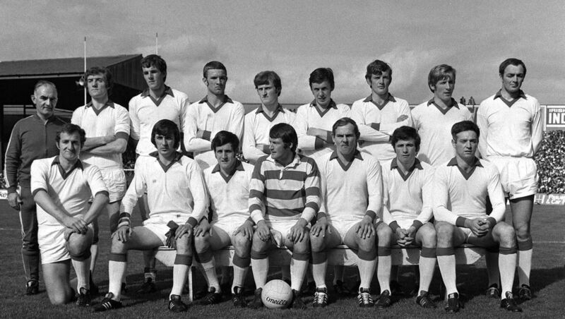 The Cork team in 1973. Back row, from left, Donie O'Donovan, team coach, Denis Long, Ray Cummins, Jimmy Barry Murphy, John Coleman, Dave McCarthy, Declan Barron, Ned Kirby and Denis Coughlan. Front, from left, Jim Barrett, Con Hartnett, Kevin Jer O'Sullivan, Billy Morgan, captain, Frank Cogan, Brian Murphy, Humphrey Kelleher.