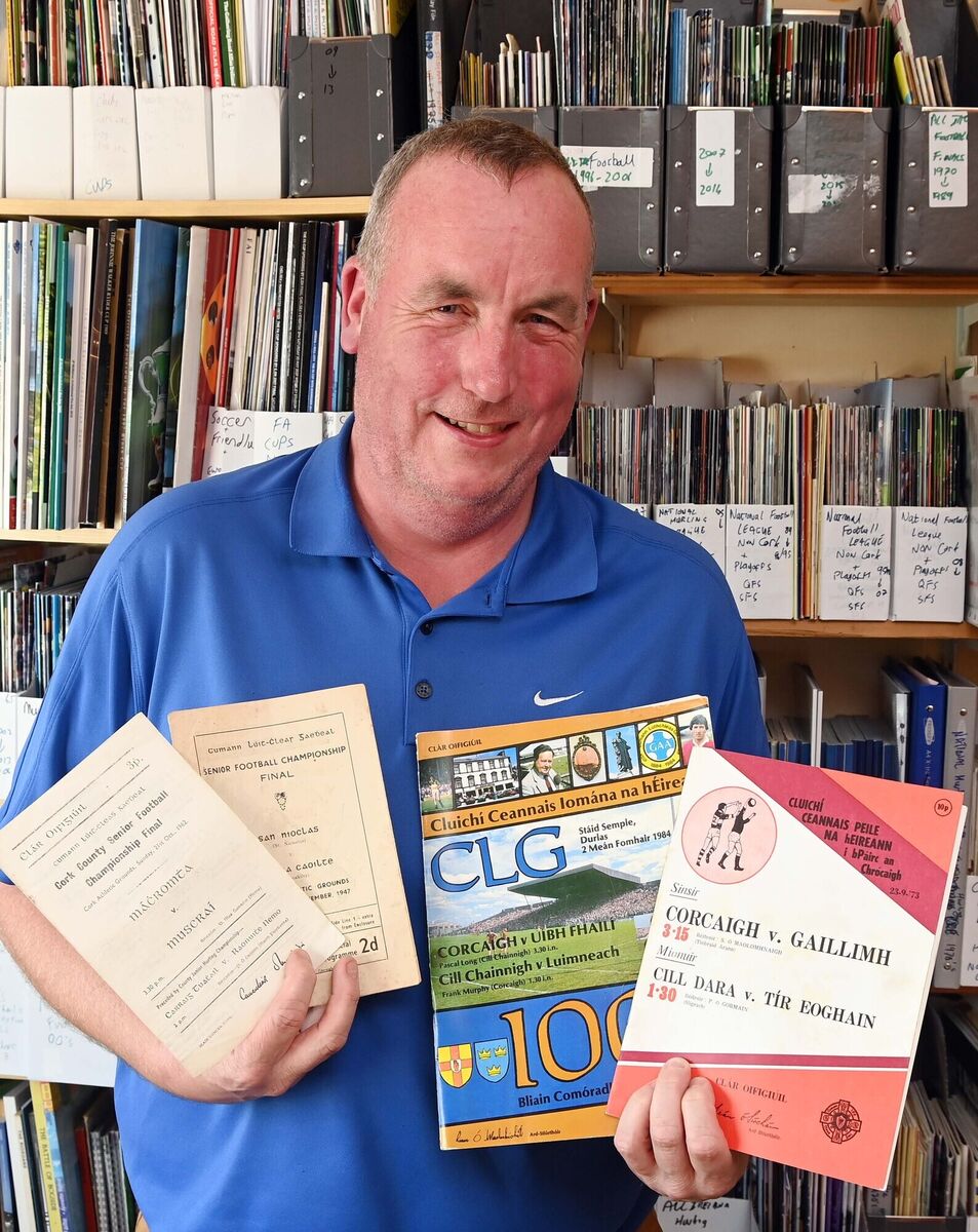 Dan Cronin holding programmes from the 1947 and 1962 Cork Co. SFC finals, the All-Ireland Centenary Hurling Championship final from 1984 and the All-Ireland SFC final from 1973 as he looks through some of his Cork GAA programmes collection. Picture: Denis Minihane. Dan Cronin holding programmes from the 1947 and 1962 Cork Co. SFC finals, the All-Ireland Centenary Hurling Championship final from 1984 and the All-Ireland SFC final from 1973 as he looks through some of his Cork GAA programmes collection. Picture: Denis Minihane.