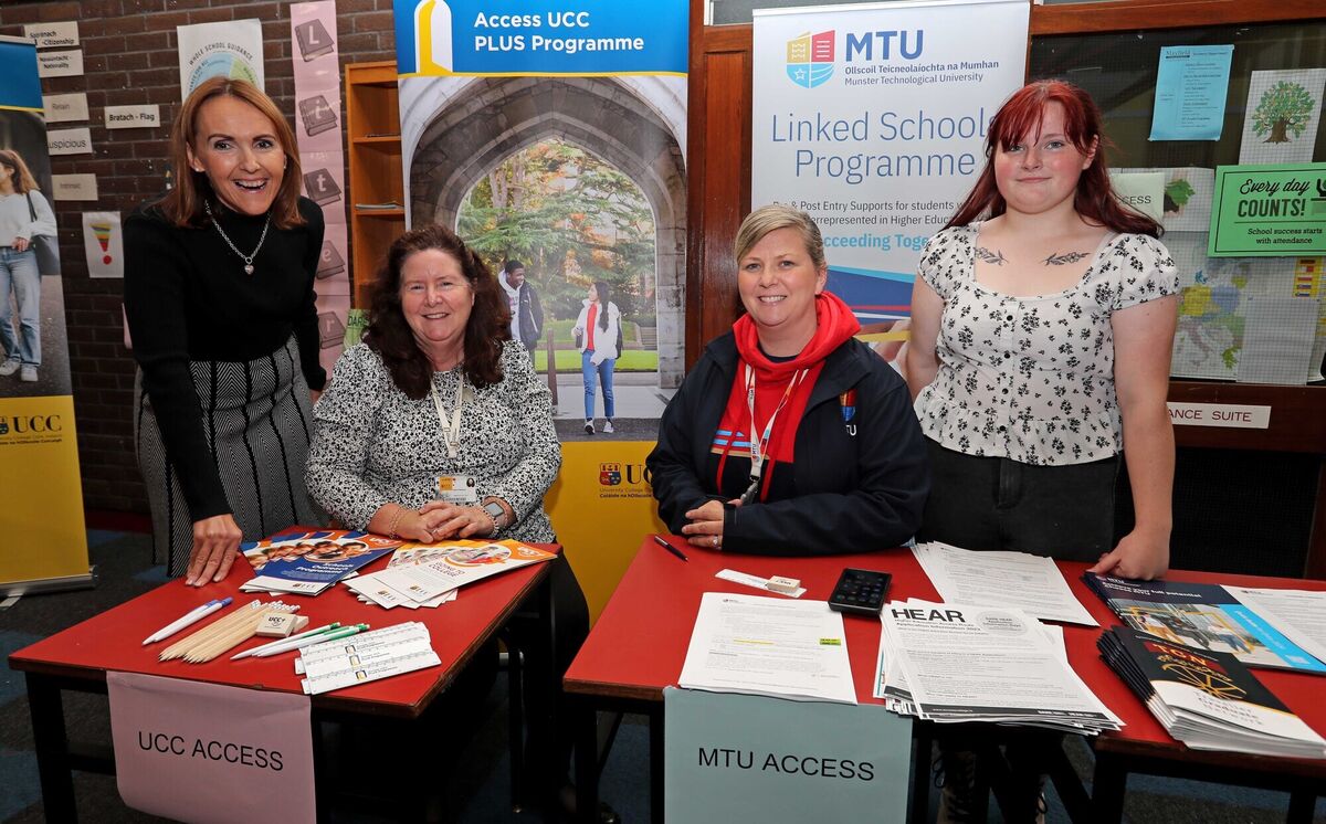  Ready to meet possible new students for 2024 are Marie O'Regan, Mayfield Community School Guidance Counsellor, Maeve Minihane, Access UCC, Louise O'Callaghan, Access MTU and past pupil, Sophie McAlavey, now at MTU.