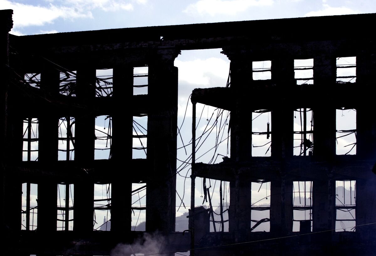 The dramatic sight of what remained of the main building following the fire at the Sunbeam Complex in Cork. Picture: Denis Minihane.