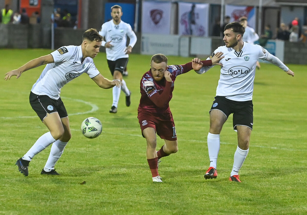 Cobh Ramblers' Jack Doherty battles with Finn Harps' Matthew Makinson and Jamie Watson, during their League of Ireland Division 1 clash at St Colman's Park. Cobh Ramblers' Jack Doherty battles with Finn Harps' Matthew Makinson and Jamie Watson, during their League of Ireland Division 1 clash at St Colman's Park.
