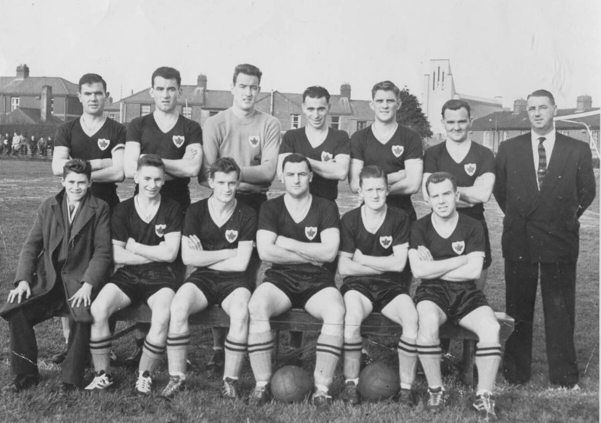 Cork Celtic 1960. Back: Connie Buckley, Donie Leahy, Bobby Brohan, Donie O'Leary, Ray Cowhie. Mick O'Keeffe, Florrie Crowley. Front: Jim Fay. Charlie O'Mahony, Frankie McCarthy, John Coughlan, Austin Noonan, Paul O'Donovan. 