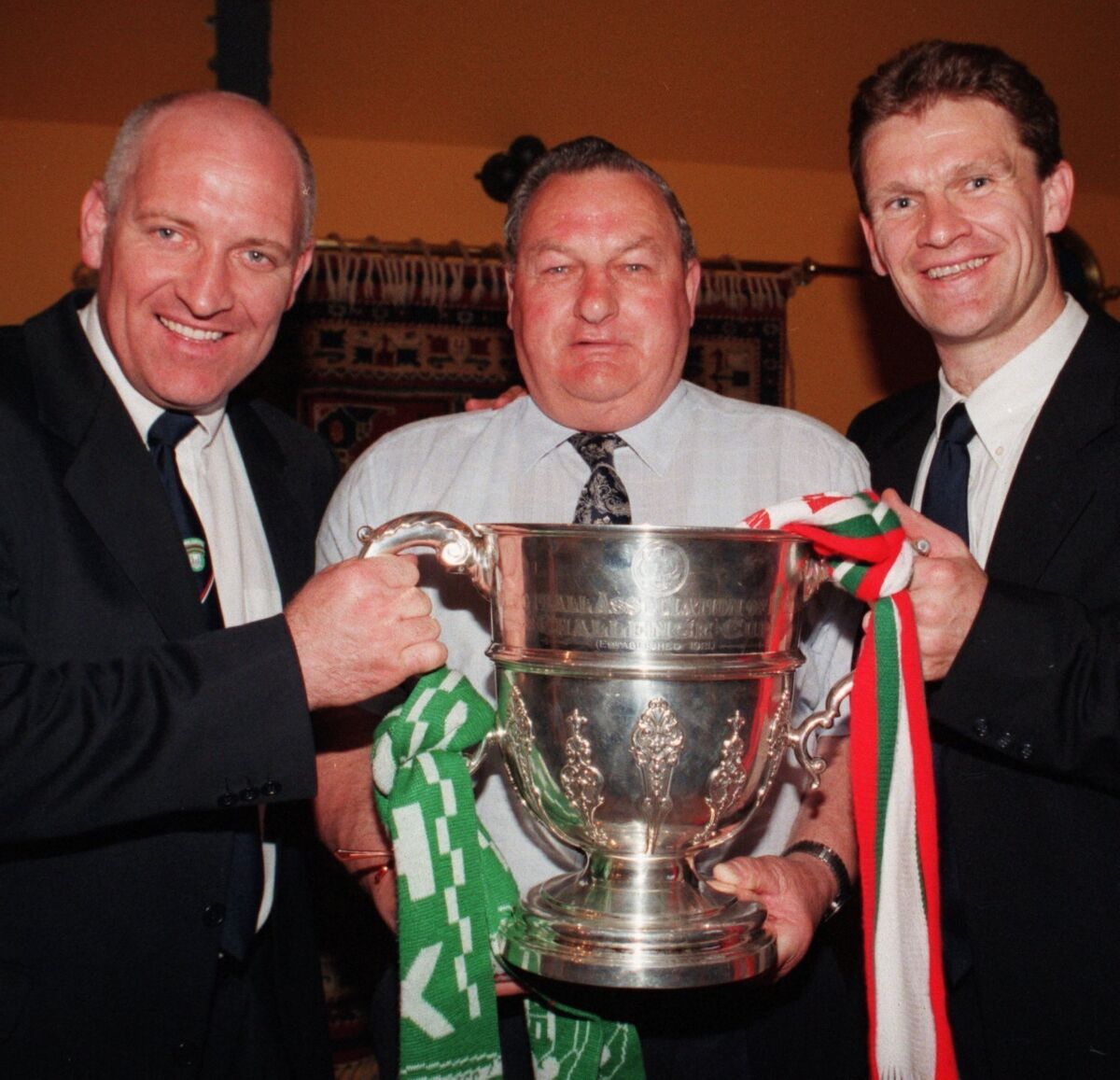 Dave Barry, former player John Coughlan and Declan Daly, with the FAI Cup in 1998. Picture: Eddie O'Hare