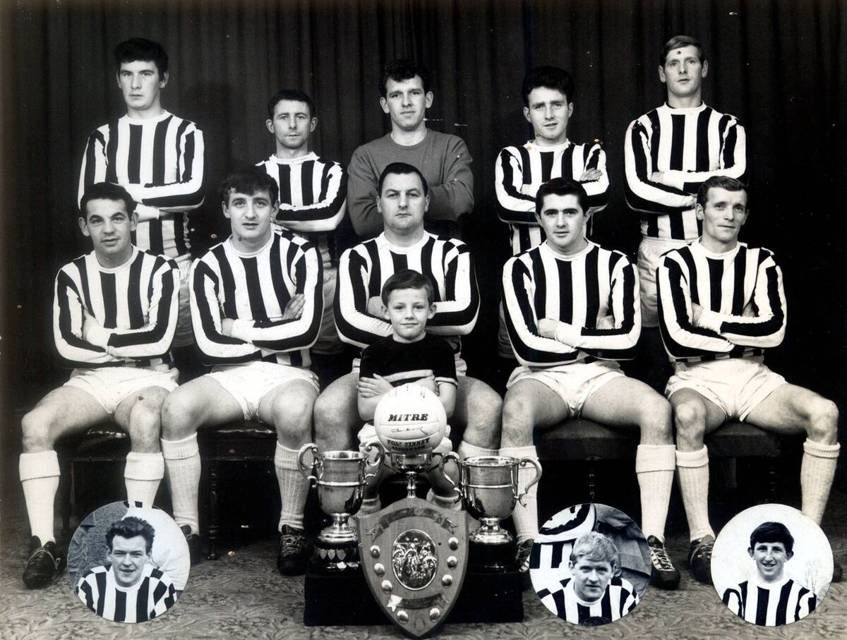 St Mary's in 1967, winners of the Munster Junior Cup and AUL Shield. Standing: Frank Twomey, Denis Dalton, Noel Stokes, Jeremiah Geaney, Noel Hawkins. Sitting: Seanie Murphy, Kevin Murphy, John Coughlan, Christy Duke, Thomas Hawkins. Mascot: Brian Coughlan. Insets: Larry O'Donoghue, Liam Hawkins, Alec McMullen.