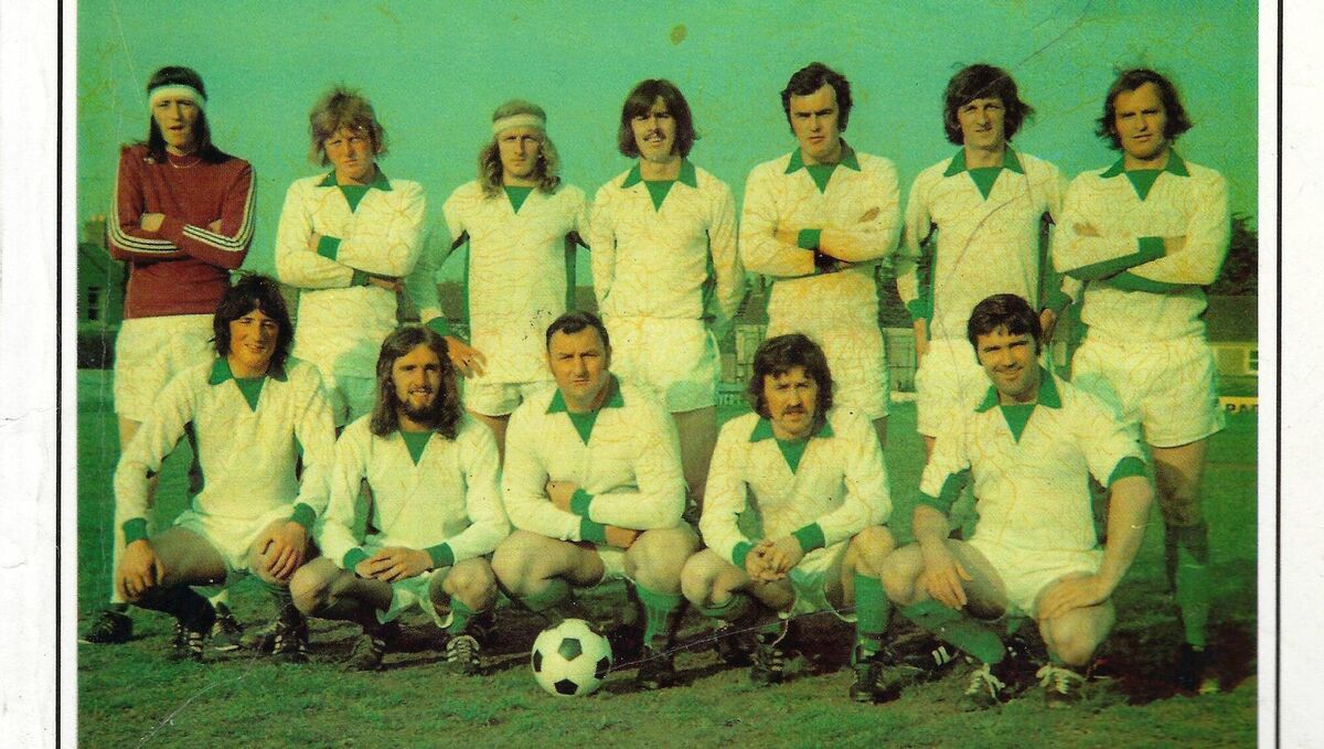 Ballincollig AFC team which defeated Lee Rangers in the League 3 decider at Turner’s Cross 1975. Back: Mick McNulty, Brian Gaffney, Alan Collins, Pat Healy, Jack O’Keeffe, Norman Collins, Ricky Galvin. Front: Jerry Sheehan, Martin Hogan, John Coughlan, Sean Fitton, Pat Young.