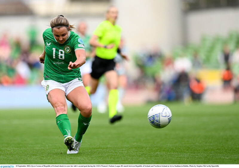 Kyra Carusa fires in the second goal. Picture: Stephen McCarthy/Sportsfile