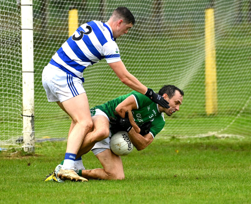 Ballincollig's Liam Jennings is tackled by Castlehaven's Rory Maguire during the Bon Secours Cork Premier SFC quarter final at Enniskeane Picture: Eddie O'Hare
