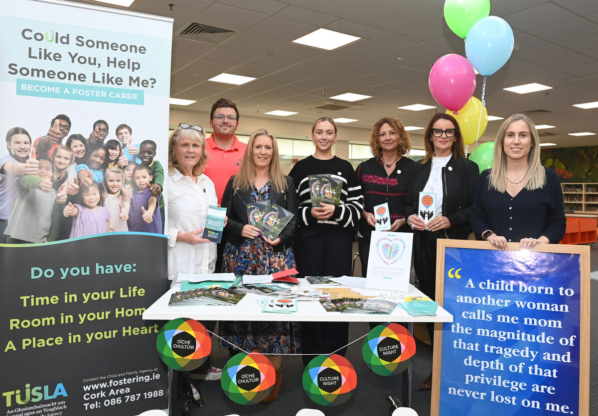 (right) Una O'Farrell, a Social Worker with Tusla, pictured with colleagues Susan Brosnan, Liberty Street House, Charlie O'Sullivan, Devina Seward, Sarah O'Sullivan, Sharon Horan, and Marcella Buckley at the opening of a new exhibition at Douglas library, called “Tusla Fostering/aftercare presents: ‘Reflections on the care experience in Cork” . Picture: Larry Cummins (right) Una O'Farrell, a Social Worker with Tusla, pictured with colleagues Susan Brosnan, Liberty Street House, Charlie O'Sullivan, Devina Seward, Sarah O'Sullivan, Sharon Horan, and Marcella Buckley at the opening of a new exhibition at Douglas library, called “Tusla Fostering/aftercare presents: ‘Reflections on the care experience in Cork” . Picture: Larry Cummins