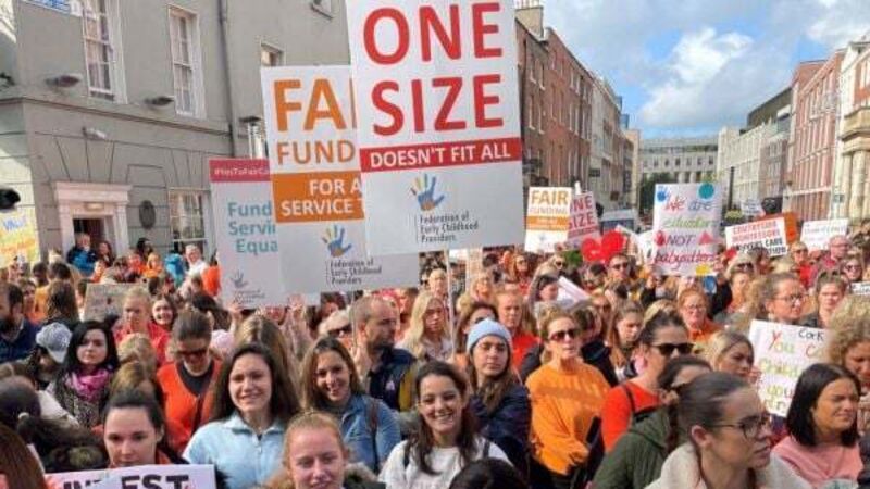 Childcare providers demand more funding in protest outside Dáil Childcare providers demand more funding in protest outside Dáil