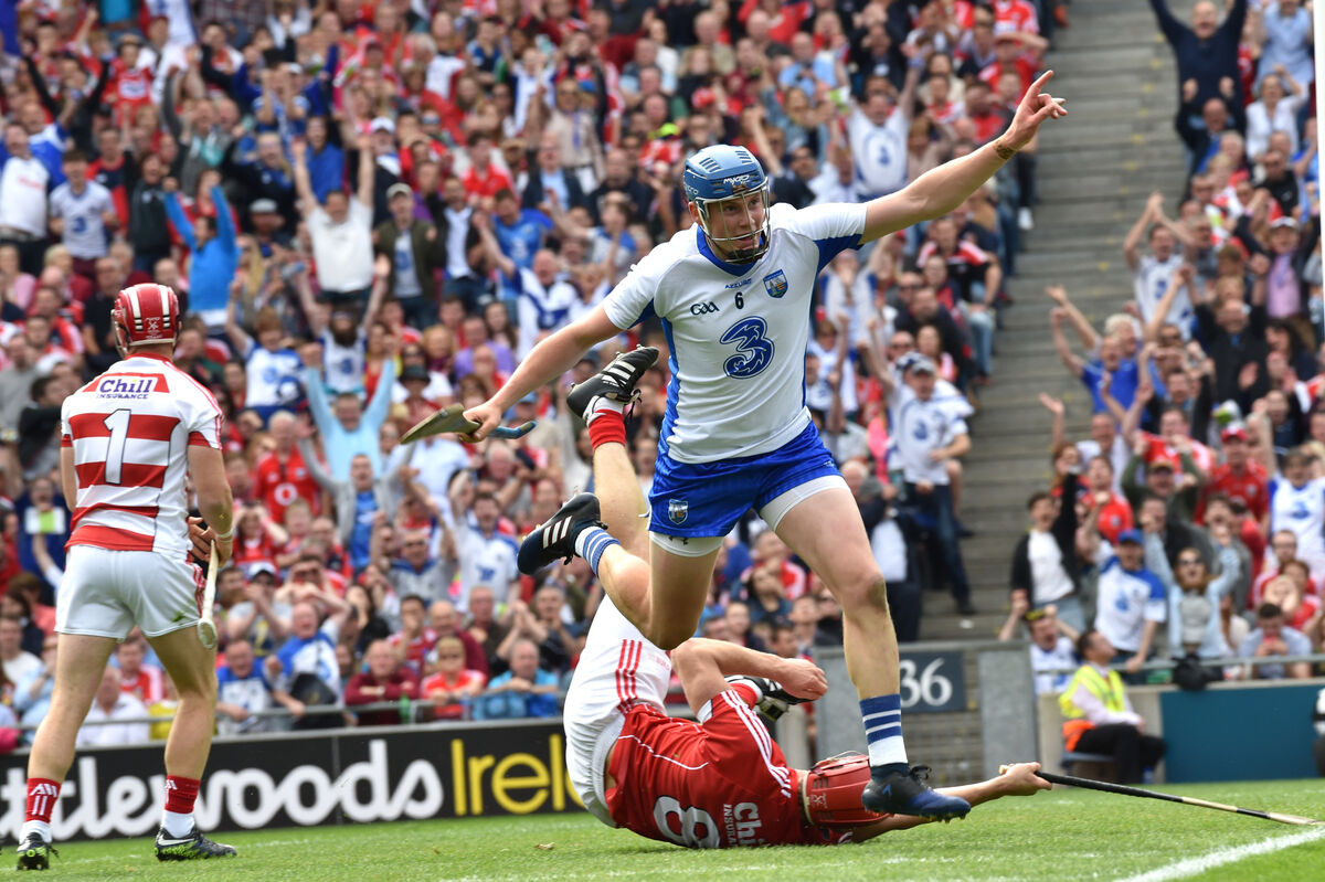 Waterford's Austin Gleeson hits a brilliant goal past Cork's Anthony Nash and Bill Cooper at Croke Park in 2017. Picture: Dan Linehan