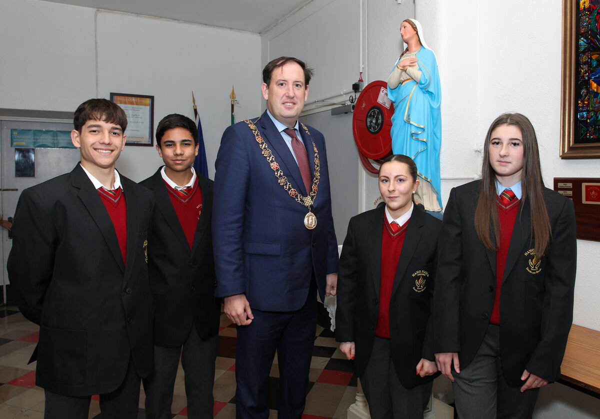Lord Maror of Cork, Cllr. Kieran McCarthy with members of the student council, Lucas Dorta, Jhon Gomez, Leah O'Sullivan and Alexis Lenihan during a visit to the Nano Nagle College in Farranree, Cork.- Picture: David Creedon Lord Maror of Cork, Cllr. Kieran McCarthy with members of the student council, Lucas Dorta, Jhon Gomez, Leah O'Sullivan and Alexis Lenihan during a visit to the Nano Nagle College in Farranree, Cork.- Picture: David Creedon