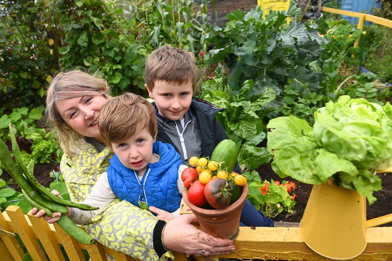 Pictured is Niamh Collins with young gardeners Conor and Aedan at their plot at the allotments. Pic Larry Cummins