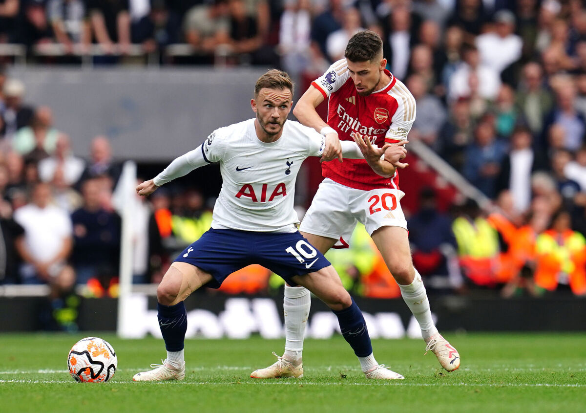 Tottenham Hotspur's James Maddison (left) and Arsenal's Jorginho battle for the ball during the Premier League match at the Emirates Stadium, London. Picture: Nick Potts/PA Wire