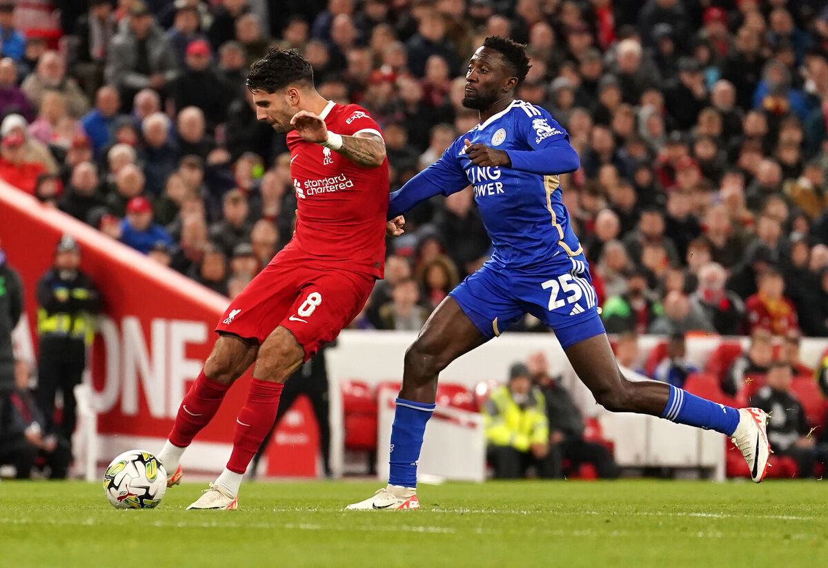 Liverpool's Dominik Szoboszlai scores his side's second goal of the game against Leicester City during the Carabao Cup third round match at Anfield, Liverpool. Picture: Martin Rickett/PA Wire