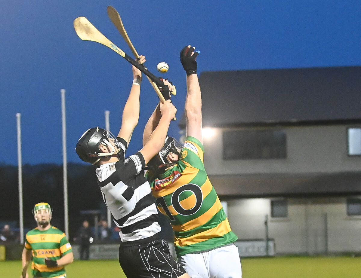  Midleton's Tadhg O'Leary Hayes battles for possession with Blackrock's Ian O'Keeffe, during their Intermediate AHC clash at Carrigtwohill.