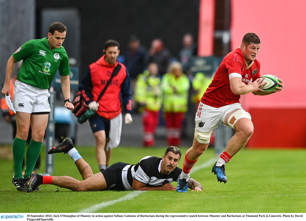 Jack O'Donoghue of Munster in action against Sofiane Guitoune of Barbarians during the representative match between Munster and Barbarians at Thomond Park in Limerick. Photo by David Fitzgerald/Sportsfile
