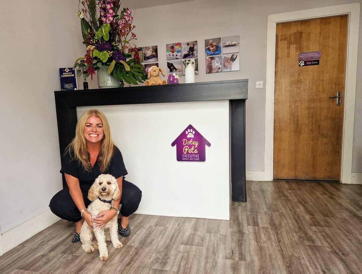 Audrey McSweeney with her cavapoo receptionist Harry, working front of house, greeting clients. 