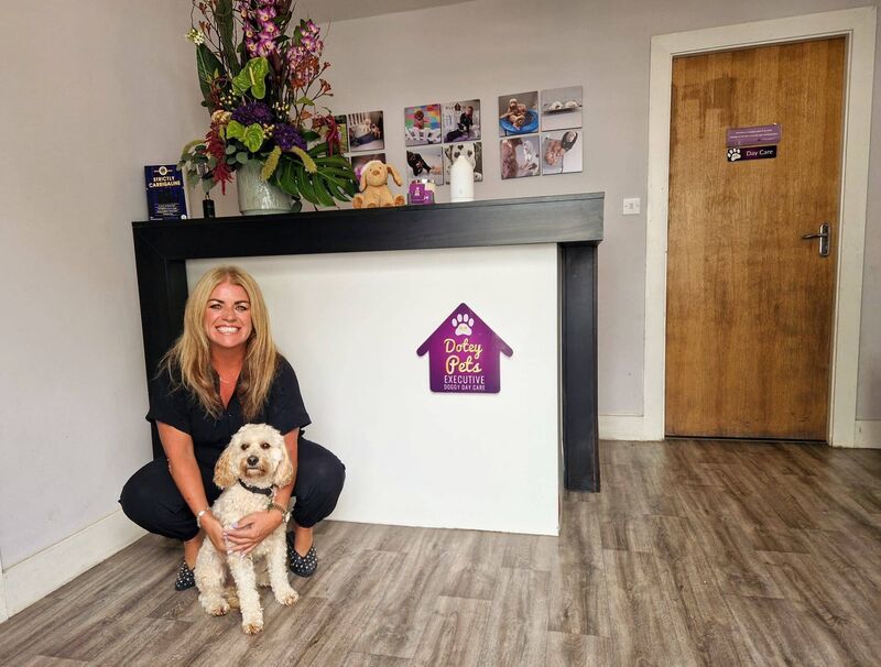 Audrey McSweeney with her cavapoo receptionist Harry, working front of house, greeting clients. 