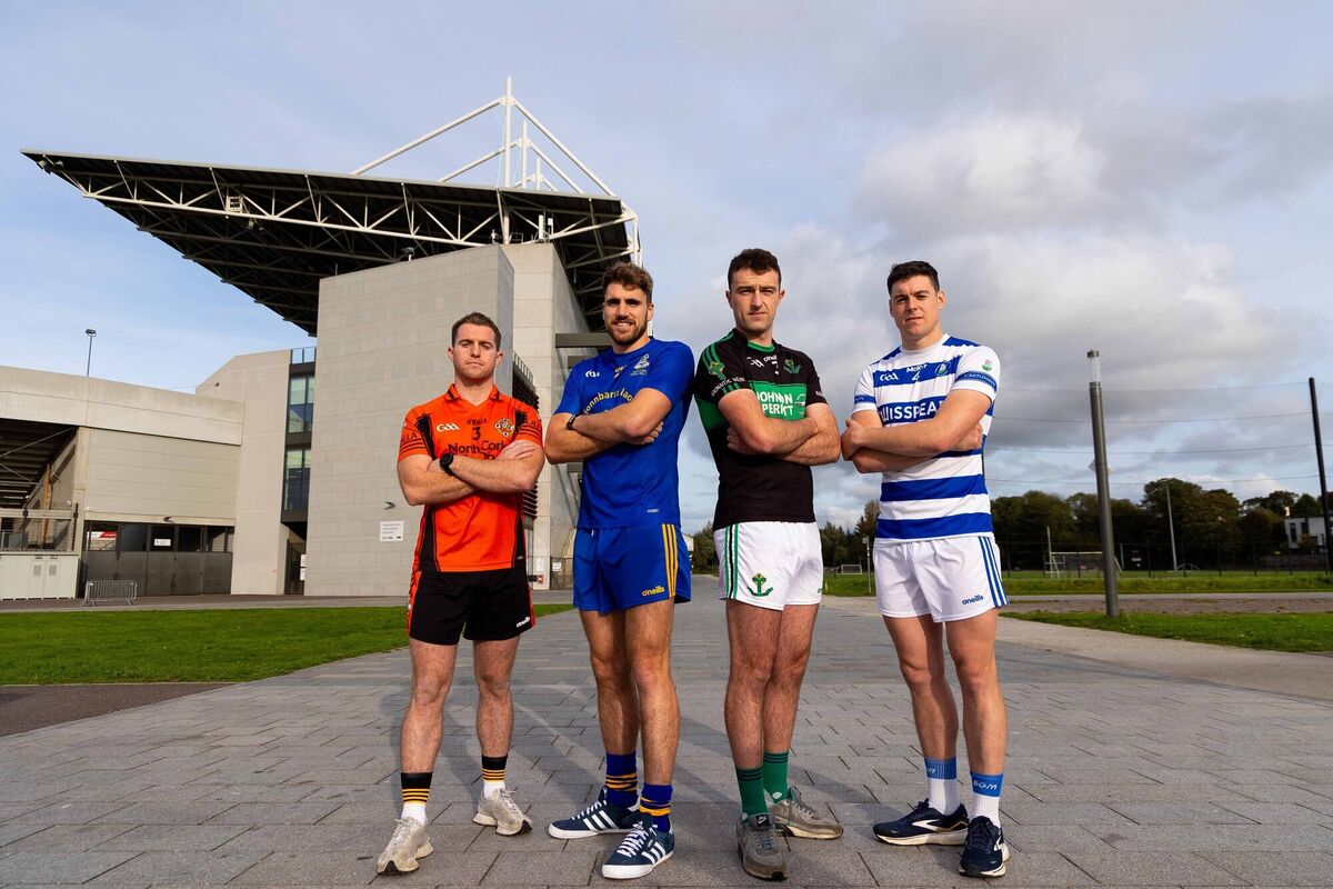 Premier SFC semi-finalists, Kevin Cremin (Duhallow), Ian Maguire (St Finbarr's), Briain Murphy (Nemo Rangers) and Rory Maguire (Castlehaven), at Páirc Uí Chaoimh ahead of tomorrow's double-header. Picture: Alison Miles/OSM PHOTO