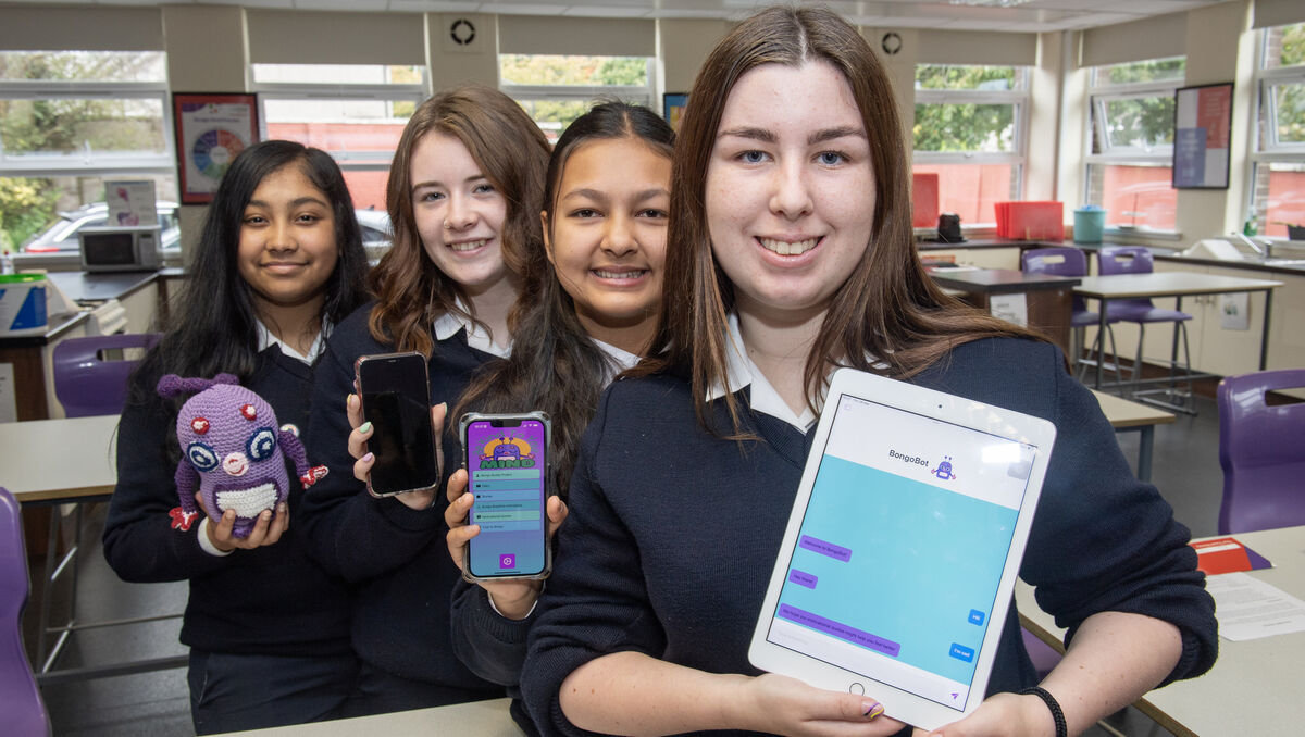  St. Vincent's Secondary School second year pupils Alicja, Roisín, Layla and Leona who will represent Europe in the final of the junior category of Technovation Girls which takes place in California in October. The girls have developed a wellness app for teenagers called Bongo Buddies. Picture Dan Linehan