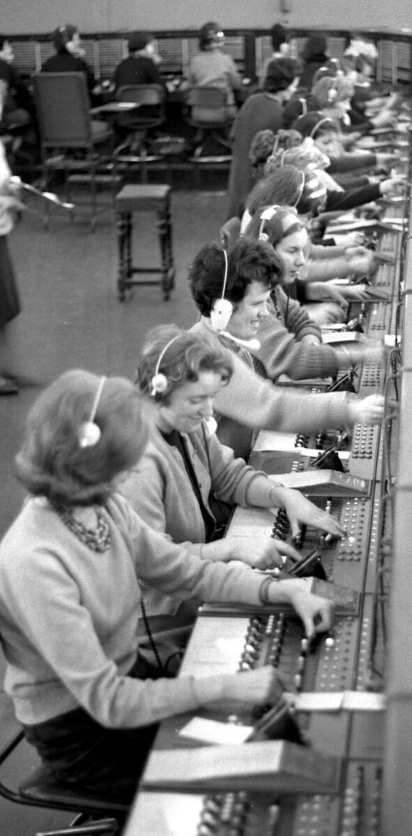 A line of telephone operators at the G.P.O. in Cork city, on February 25, 1965