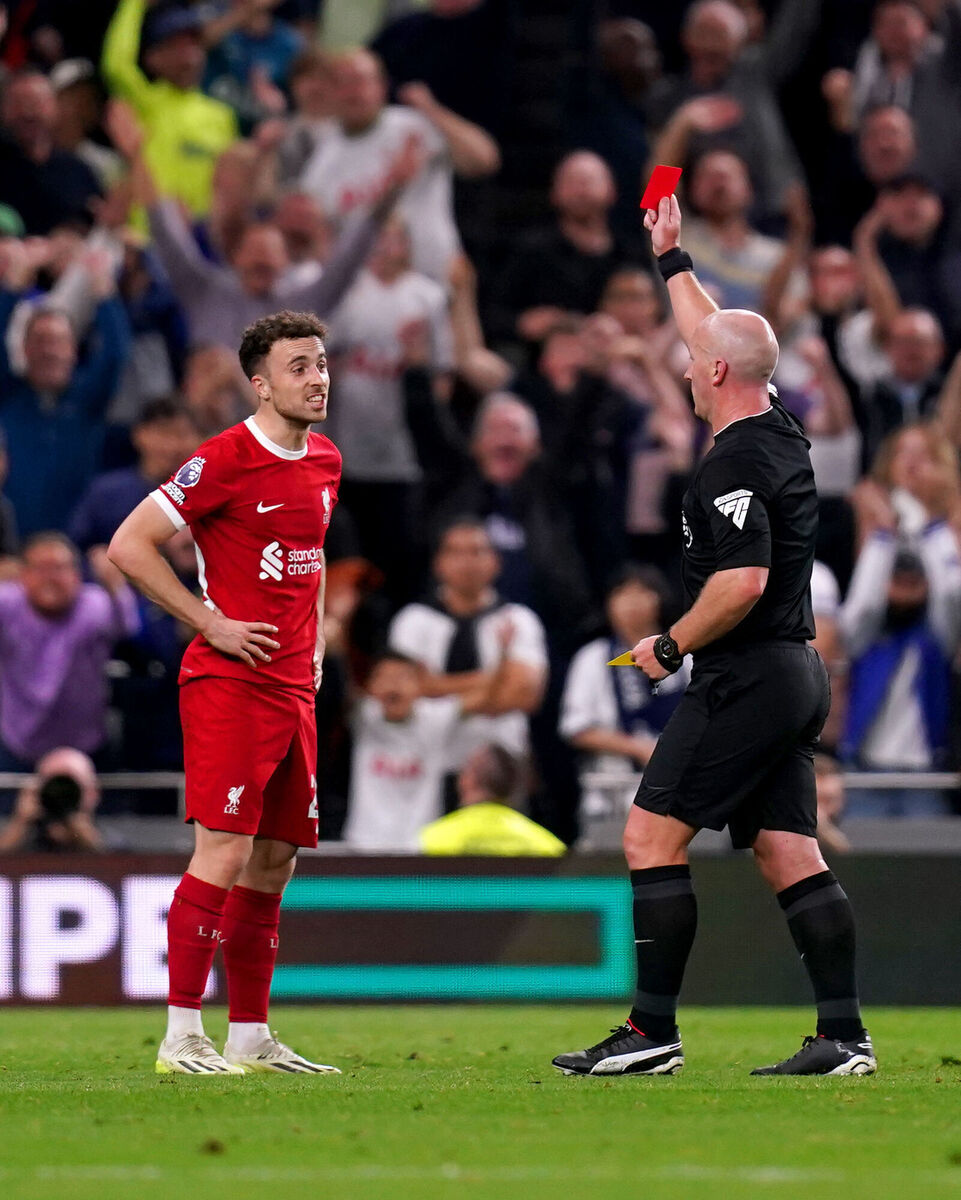 Liverpool's Diogo Jota is shown a red card after his second foul on Tottenham Hotspur's Destiny Udogie during the Premier League match at Tottenham Hotspur Stadium, even though it was clear the first foul never happened. Picture: John Walton/PA Wire Liverpool's Diogo Jota is shown a red card after his second foul on Tottenham Hotspur's Destiny Udogie during the Premier League match at Tottenham Hotspur Stadium, even though it was clear the first foul never happened. Picture: John Walton/PA Wire