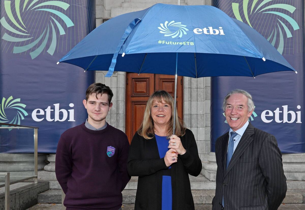 Pictured are, Bohdan Bilash, 6th student Colaiste Gleann Li Kerry ETB, Bernie McNally, Secretary General Department of Educatio and John Lonergan, Writer &amp; Former Governor Mountjoy Prison, at day two of the 2023 ETBI Annual Conference, at Cork City Hall, Cork. Picture: Jim Coughlan.