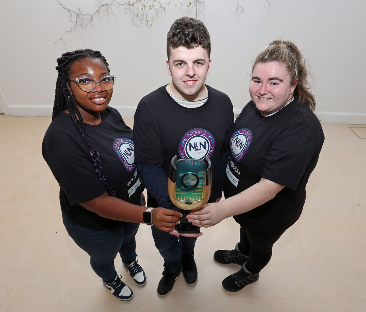 Pictured are, Praise Iwuoma, Jake Fallon, Aine Casey, NLN Hollyhill Cork learners with the ETB Anthem Competition Award, during day two of the 2023 ETBI Annual Conference, at Cork City Hall, Cork. Picture: Jim Coughlan.