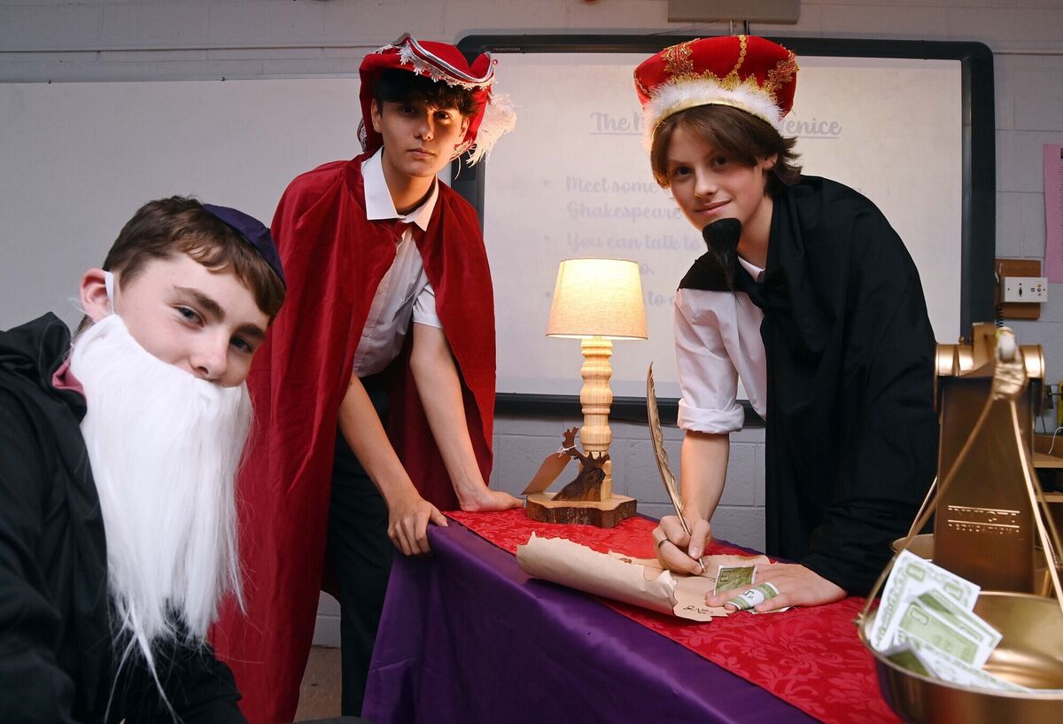 Students (from left) Cathal Murphy, Cody Hepi and Jack Foley in a Merchant of Venice re-enactment during Douglas Community School's open night in Cork. Picture Denis Minihane. Students (from left) Cathal Murphy, Cody Hepi and Jack Foley in a Merchant of Venice re-enactment during Douglas Community School's open night in Cork. Picture Denis Minihane.