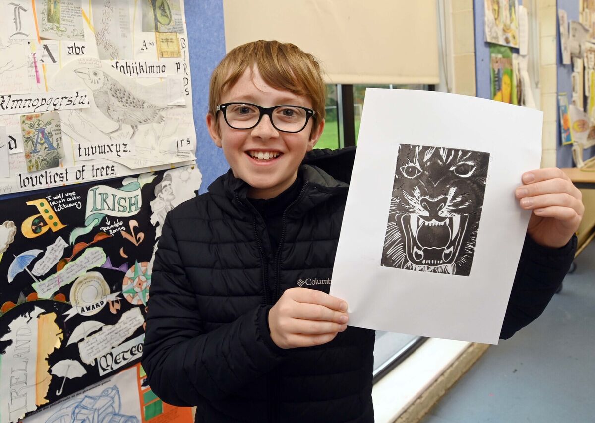 Ben Foley holding a linoprint of a tiger which he created during Douglas Community School's open night in Cork. Picture Denis Minihane. Ben Foley holding a linoprint of a tiger which he created during Douglas Community School's open night in Cork. Picture Denis Minihane.