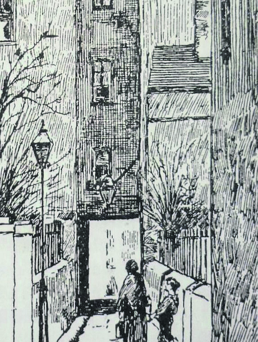 This elegant 19th century drawing by Artist and Historian, Michael Holland shows Christ Church Lane facing east, shadowed by the back of the buildings from Grand Parade. On the left is the ancient burial ground of Christ Church (todays Triskel Art Centre). On the right one can see the entrance to Christ Church National School and a portion of the high wall of T. Lyons: Cork Clothing Factory building Both the school and the factory were demolished in the early years of the 1970s and the ground on which they stood is now part of Bishop Lucey Park. In 2011, the ancient Christ Church Lane was incorporated into the park as well. Drawing: Courtesy, Cork City Library: John Windele: Historical and Descriptive Notices of the City of Cork. 1910. This elegant 19th century drawing by Artist and Historian, Michael Holland shows Christ Church Lane facing east, shadowed by the back of the buildings from Grand Parade. On the left is the ancient burial ground of Christ Church (todays Triskel Art Centre). On the right one can see the entrance to Christ Church National School and a portion of the high wall of T. Lyons: Cork Clothing Factory building Both the school and the factory were demolished in the early years of the 1970s and the ground on which they stood is now part of Bishop Lucey Park. In 2011, the ancient Christ Church Lane was incorporated into the park as well. Drawing: Courtesy, Cork City Library: John Windele: Historical and Descriptive Notices of the City of Cork. 1910.