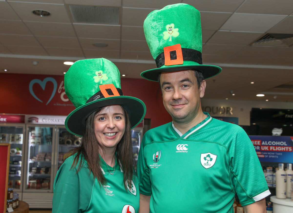 Pat O'Connor, Operations Manager, Duty Free, Cork Airport with Gráinne Sargent, Retail Supply Manager, Duty Free at Cork Airport getting ready for the big match in the Rugby World Cup in Paris. - Picture: David Creedon Pat O'Connor, Operations Manager, Duty Free, Cork Airport with Gráinne Sargent, Retail Supply Manager, Duty Free at Cork Airport getting ready for the big match in the Rugby World Cup in Paris. - Picture: David Creedon