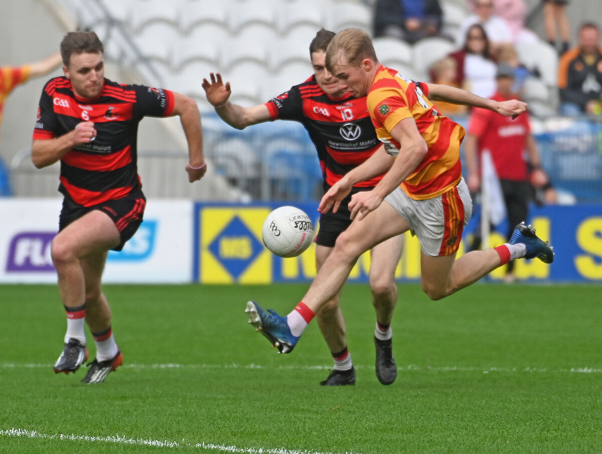 Newcestown's Richard O'Sullivan breaking between Newmarket's TJ Brosnan and Darren O'Keeffe during the Bon Secours Hospital Cork SAFC semi-final. Picture: Eddie O'Hare Newcestown's Richard O'Sullivan breaking between Newmarket's TJ Brosnan and Darren O'Keeffe during the Bon Secours Hospital Cork SAFC semi-final. Picture: Eddie O'Hare