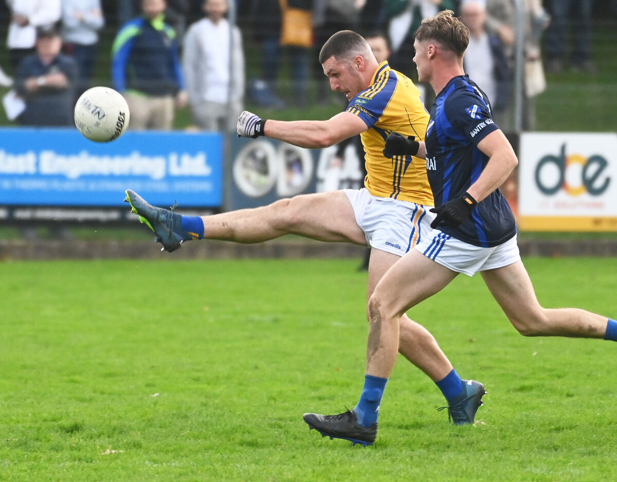 Kilshannig's Jack Twomey shoots past Bantry Blue's Jack O'Neill during the Bon Secours Cork PIFC semi final at Coachford. Picture: Eddie O'Hare Kilshannig's Jack Twomey shoots past Bantry Blue's Jack O'Neill during the Bon Secours Cork PIFC semi final at Coachford. Picture: Eddie O'Hare