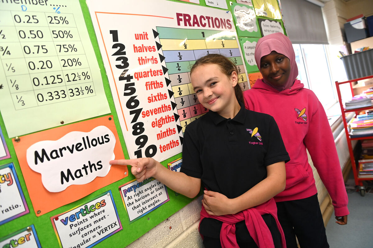 5th class pupils Ally-Rose and Nasra are hoping for some 'Marvellous Maths' from the Minister for Finance.. Pic Larry Cummins 5th class pupils Ally-Rose and Nasra are hoping for some 'Marvellous Maths' from the Minister for Finance.. Pic Larry Cummins