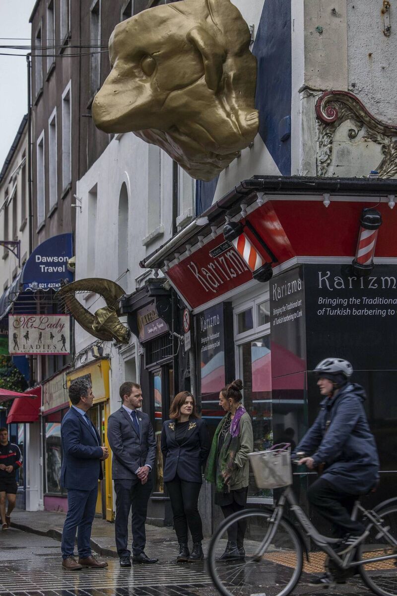 Fiona Mullholland, Artist speaking with Ken Hanley, Archaeologist, Transport Infrastructure Ireland, Chris McKibbon, Failte Ireland and Michelle Carew, Arts Officer Cork City Council about her sculpture for Princes Street, Cork City. Titled ‘The Face Cup’. Face Cup is the third of five contemporary sculptures that are being installed in Cork City this year. Picture: Clare Keogh