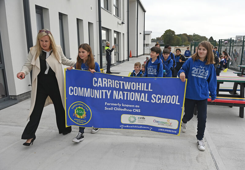 Principal Teresa Coughlan with pupils from Carrigtwohill Community National School. Picture; Eddie O'Hare