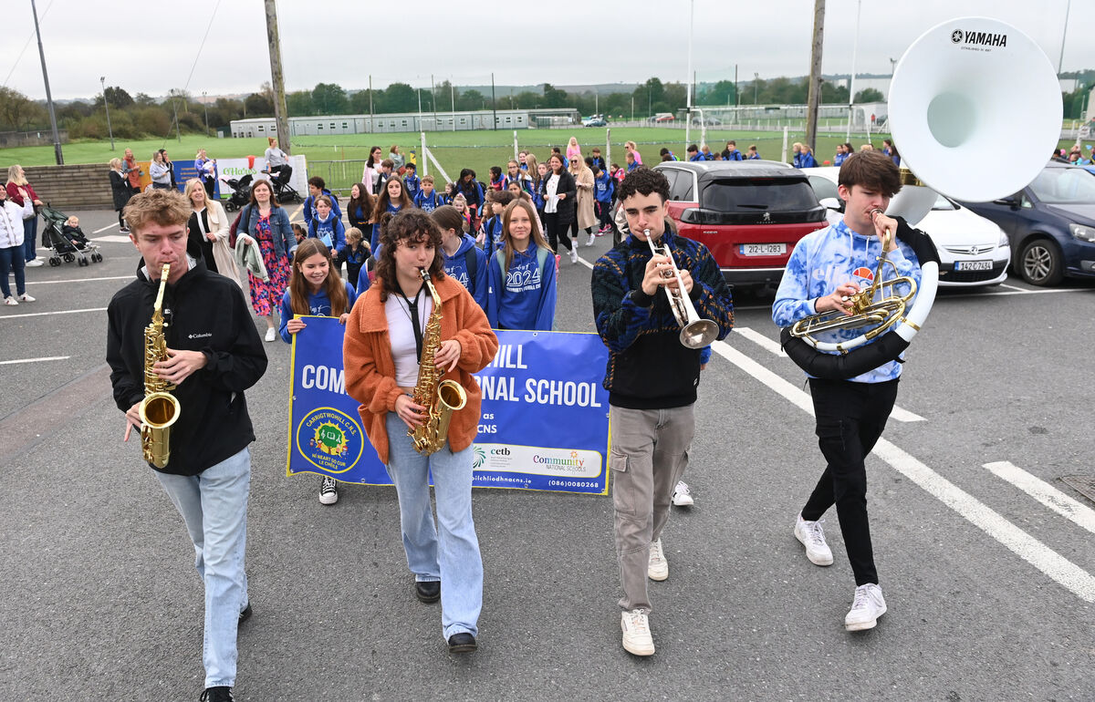 Rebel Brass leading the with pupils from Carrigtwohill Community National School. Picture; Eddie O'Hare