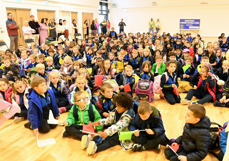 Pupils from Carrigtwohill Community National school who moved from their pre-fab buildings at the GAA club to their new premises. Picture; Eddie O'Hare