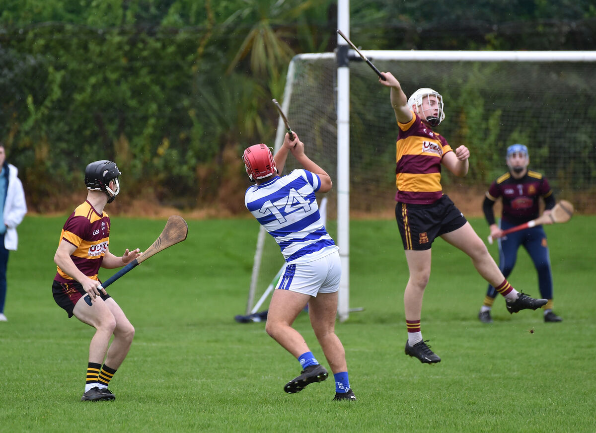 Jack Jacob, De La Salle Waterford looking to block this shot on goal from Eoin Dwyer, Coláiste Choilm, during their Harty Cup match in Dungarvan, County Waterford. Picture: Dan Linehan Jack Jacob, De La Salle Waterford looking to block this shot on goal from Eoin Dwyer, Coláiste Choilm, during their Harty Cup match in Dungarvan, County Waterford. Picture: Dan Linehan