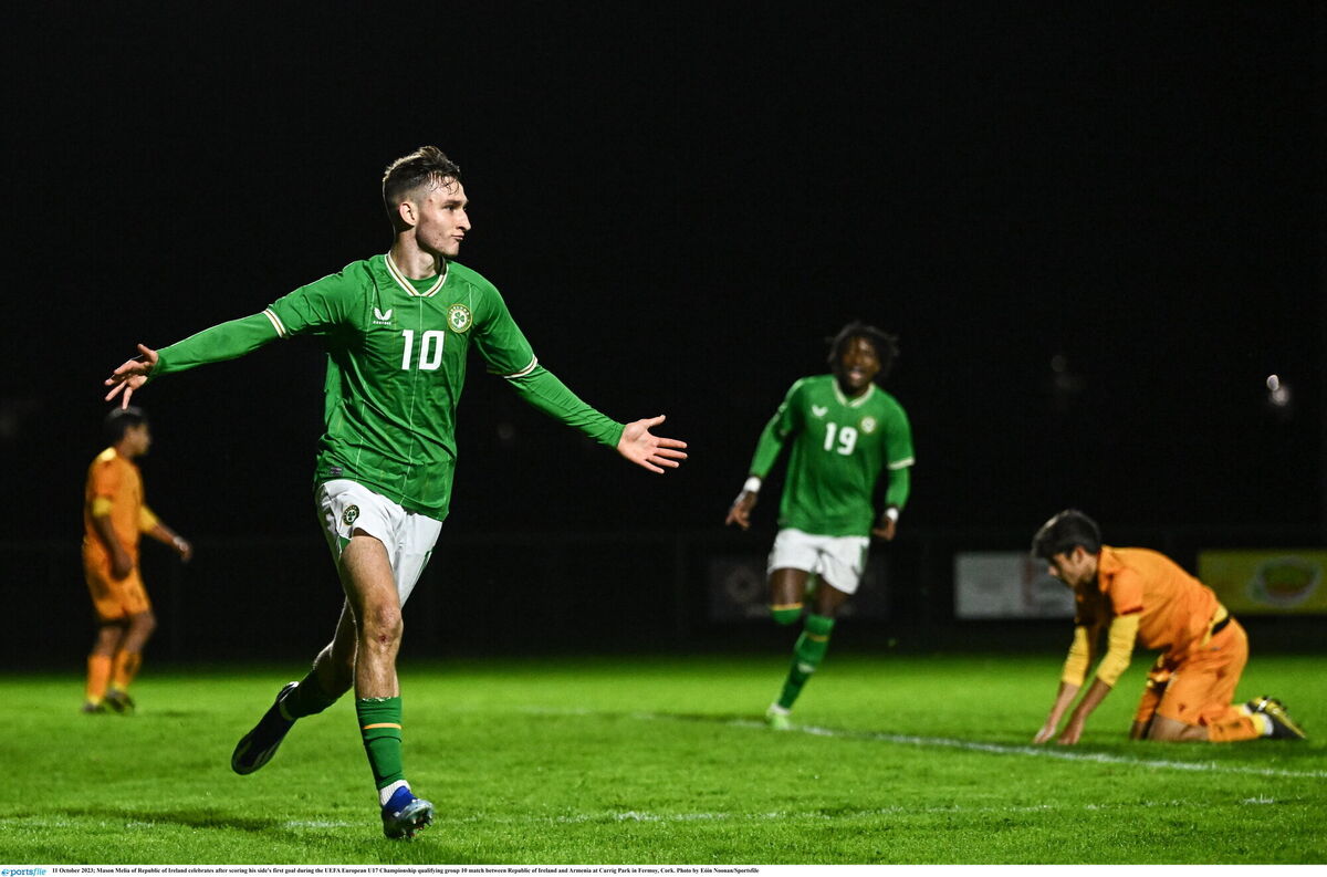 Mason Melia of Republic of Ireland celebrates after scoring his side's first goal during the UEFA European U17 Championship qualifying group 10 match between Republic of Ireland and Armenia at Carrig Park in Fermoy, Cork. Photo by Eóin Noonan/Sportsfile
