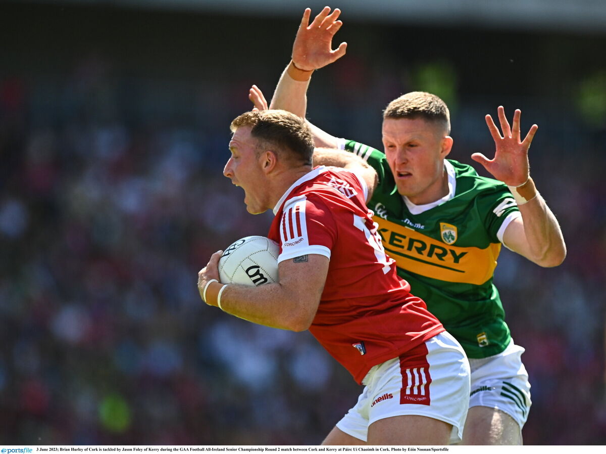 Brian Hurley of Cork is tackled by Jason Foley of Kerry during the All-Ireland SFC group-stage encounter at Páirc Uí Chaoimh this year. Picture: Eóin Noonan/Sportsfile Brian Hurley of Cork is tackled by Jason Foley of Kerry during the All-Ireland SFC group-stage encounter at Páirc Uí Chaoimh this year. Picture: Eóin Noonan/Sportsfile