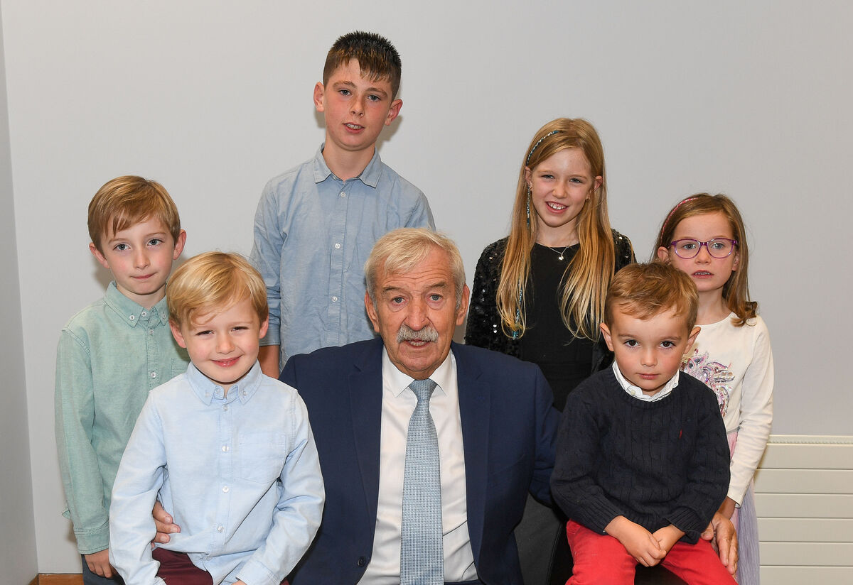  Judge Olann Kelleher with his grandchildren Andrew, Alex, Tiarnan, Anabelle, Olann and Pippa, on his last day presiding over court number 1, at the Criminal Court of Justice, Cork. Picture: David Keane.
