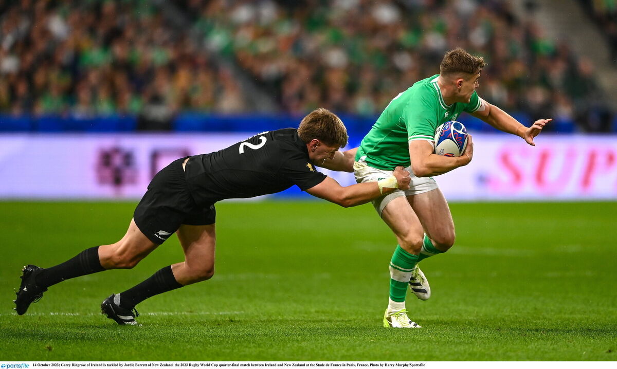 Garry Ringrose of Ireland is tackled by Jordie Barrett of New Zealand. Picture: Harry Murphy/Sportsfile