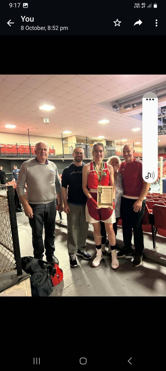 Jubilant boxing Coach Seanie Barrett with Linda Desmond, Rylane BC. Irish National Senior Champion 66kg.