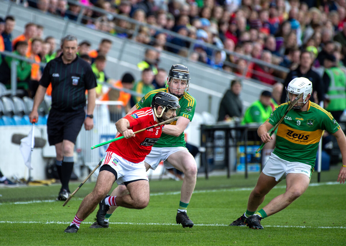 Castlelyons players Oscar Hallihan and James Kearney blocking the path of the breaking Liam Whelan, Kilworth, during their Co-Op Superstores Premier Cork Intermediate hurling championship final at Páirc Uí Chaoimh. Picture: Dan Linehan