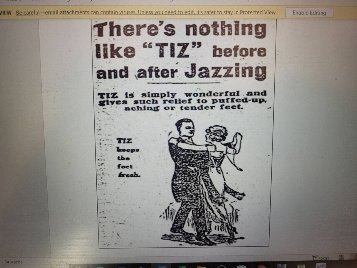 An ad in the Cork Examiner in January, 1920, for a foot cream to relieve “puffed-up, aching or tender feet” for jazz dancers An ad in the Cork Examiner in January, 1920, for a foot cream to relieve “puffed-up, aching or tender feet” for jazz dancers